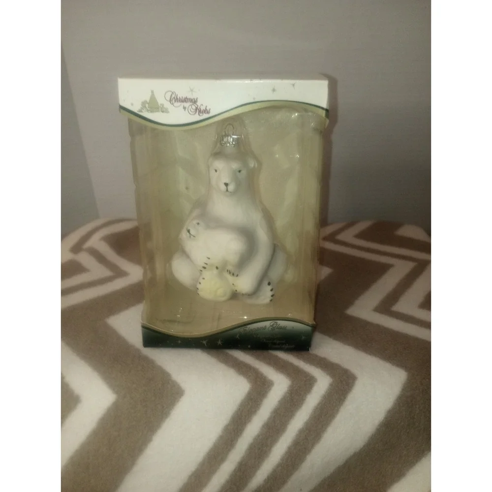 Christmas By Krebs Glass Ornament Polar Bear Cub‎ Sitting Old Stock Box Vtg
